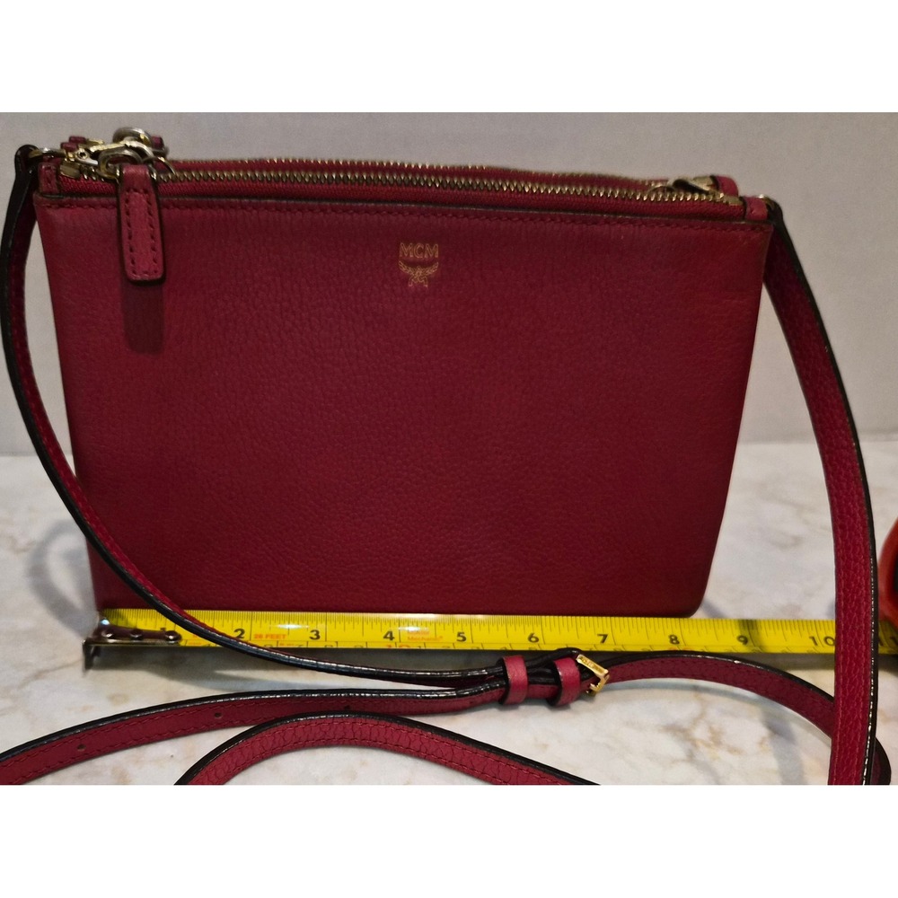 MCM Red Pebbled Leather Dual Zip Crossbody Bag Gold Hardware Y9945